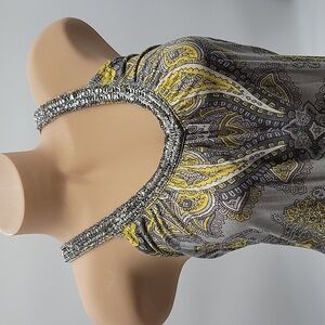 INC Gray & Yellow Tank Top Beaded & Sequined Neck line